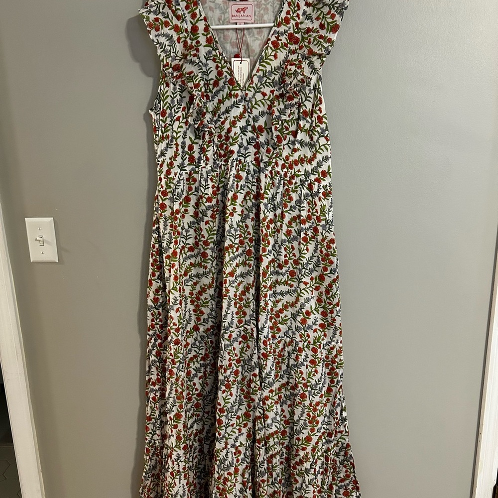Banjanan Floral V-Neck Dress - Red, Green, Blue